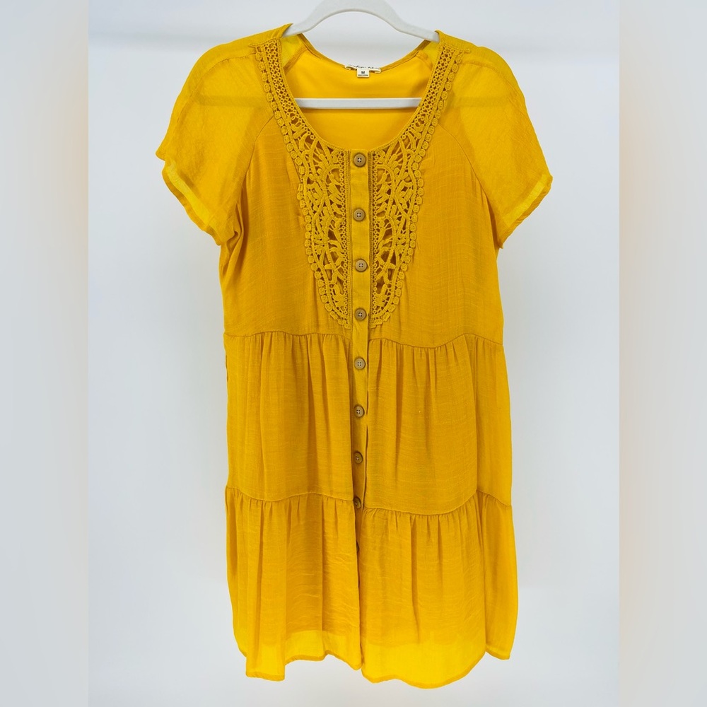 Indigo Rose Goldenrod Yellow Embroidered Button Front Babydoll Dress, Women's M